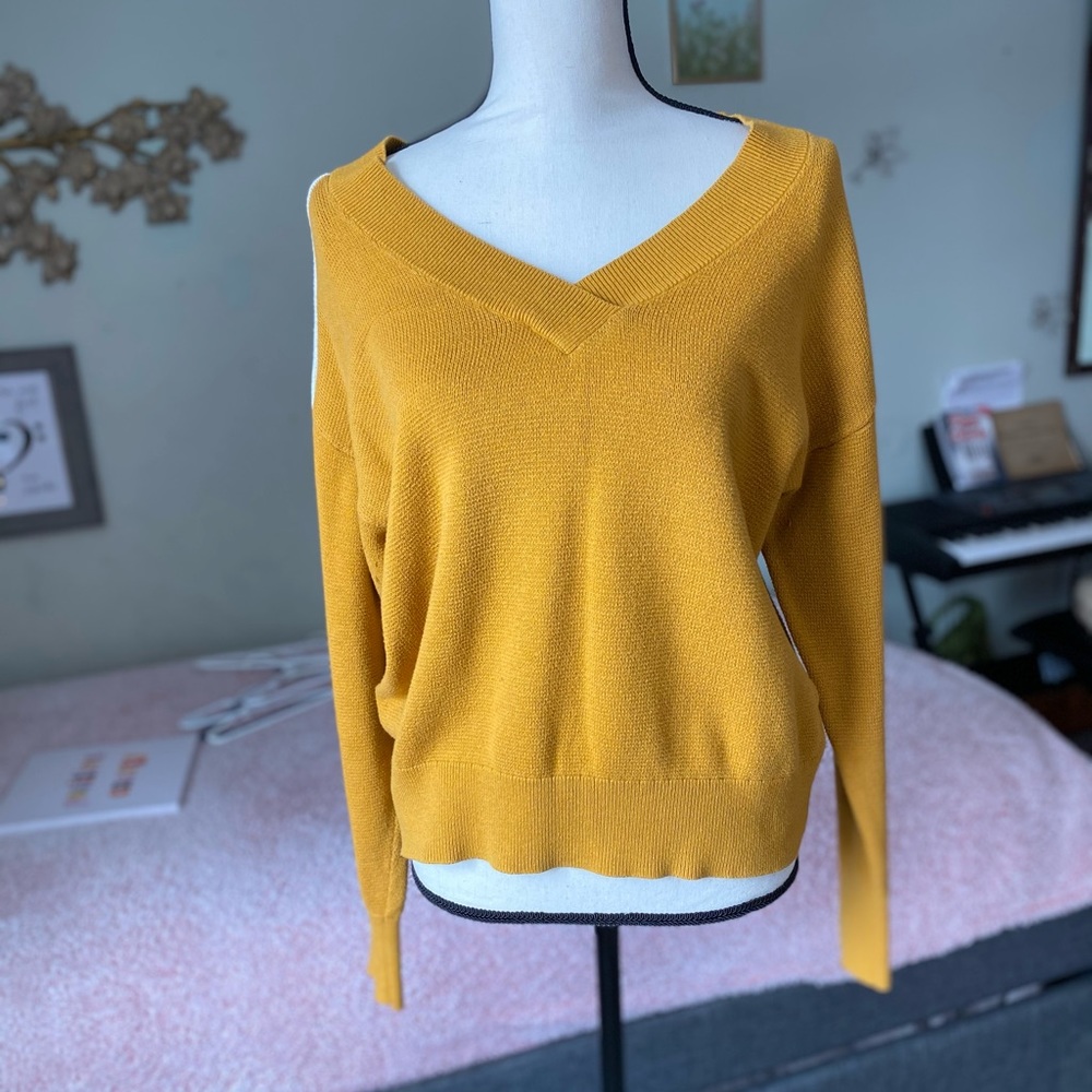 Mustard Yellow Sweater, White Striped Sleeves